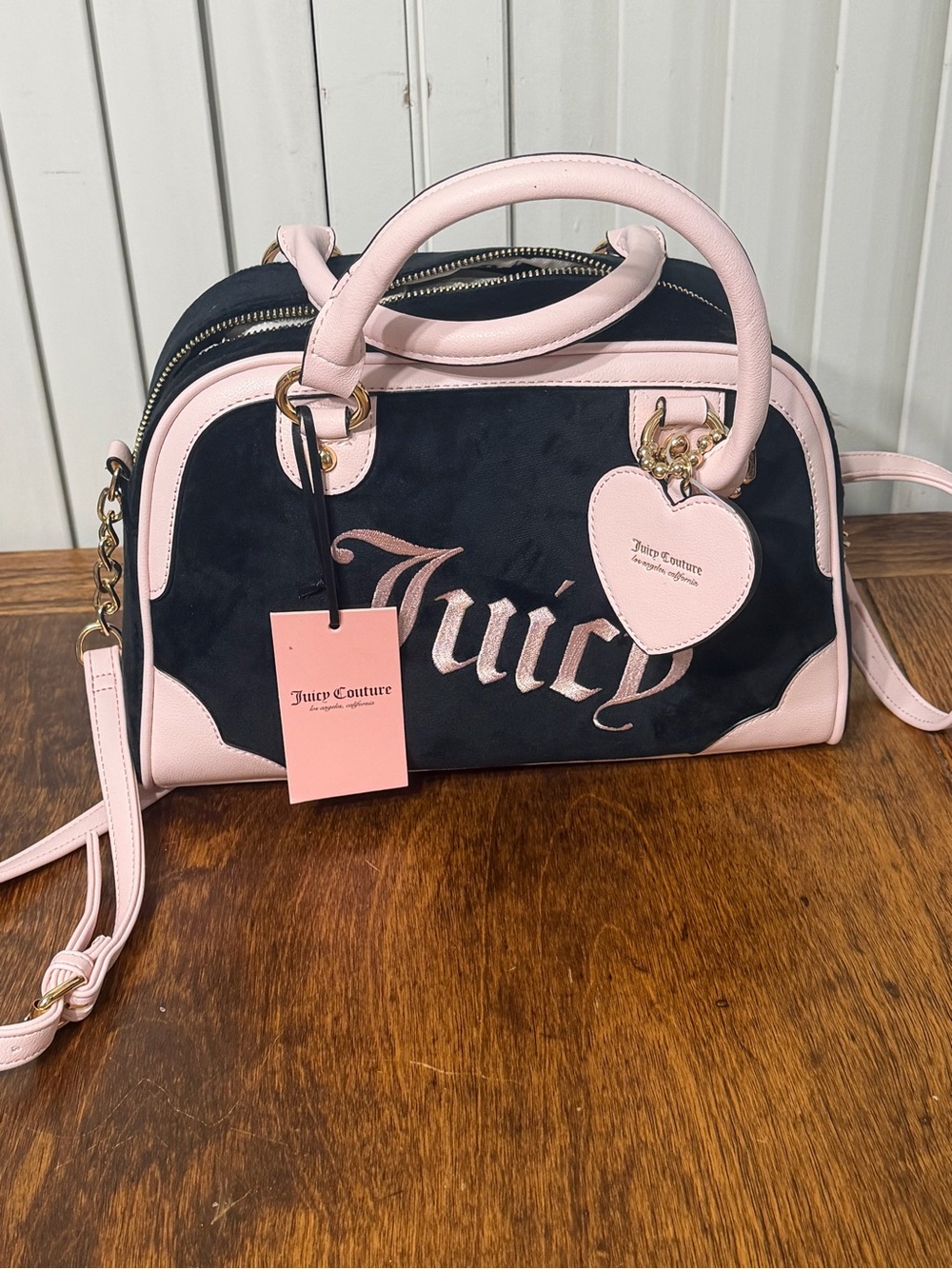 Juicy Couture Black and Light Pink Heart Charm Satchel